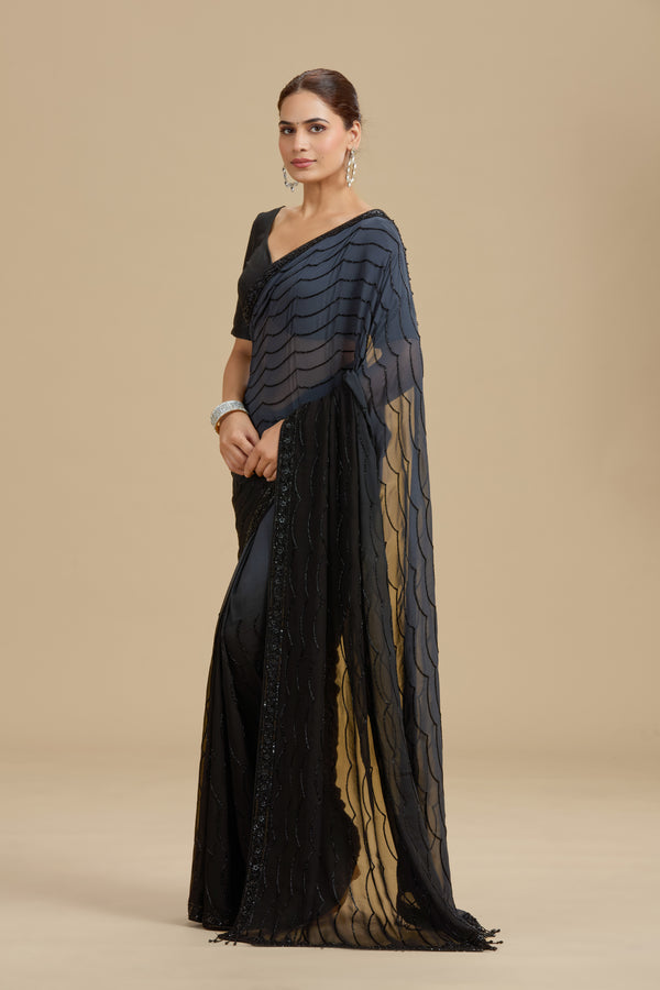 Black and Grey Shaded Georgette Saree with Unstitched Blouse