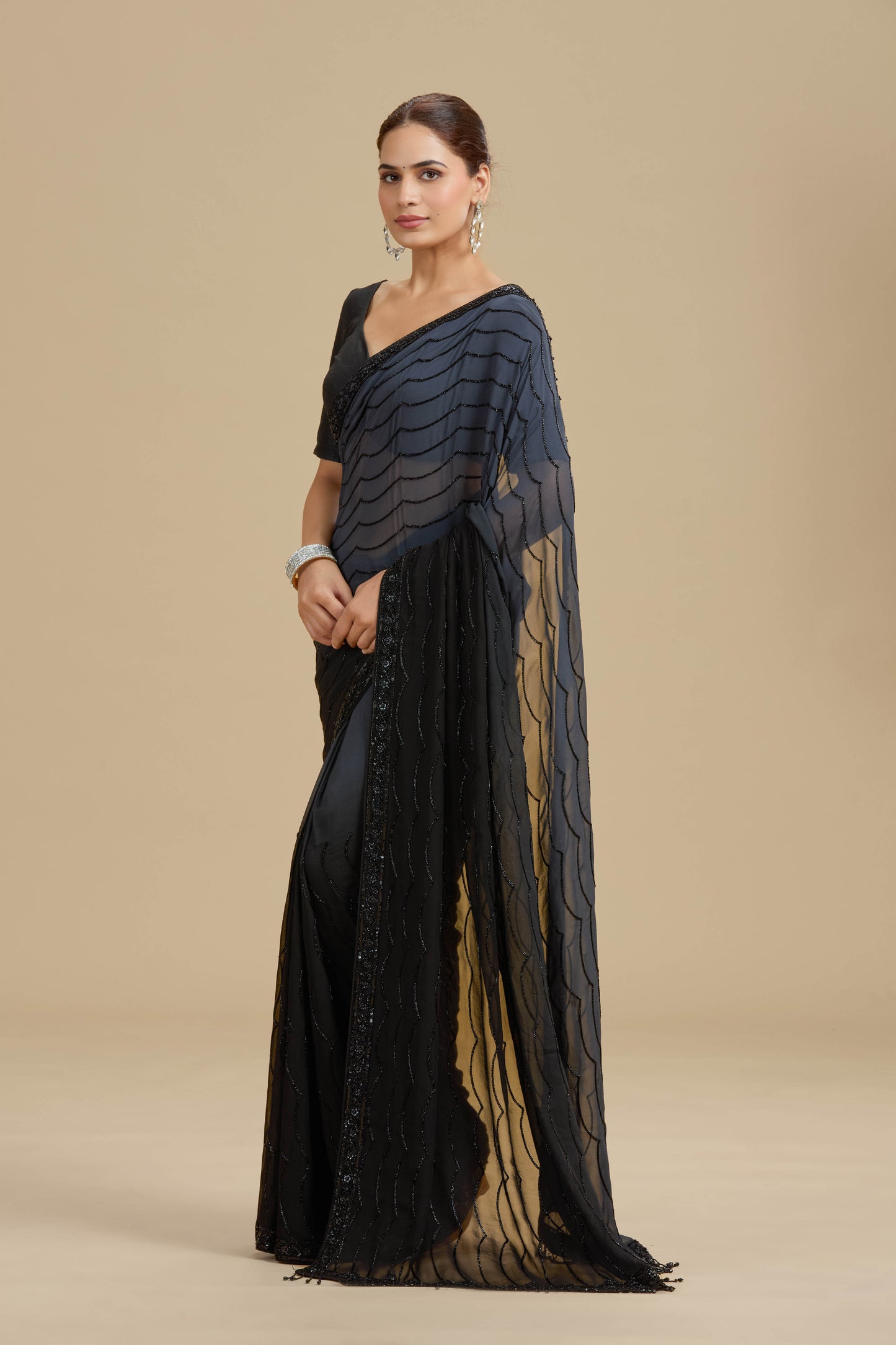 Black and Grey Shaded Georgette Saree with Unstitched Blouse