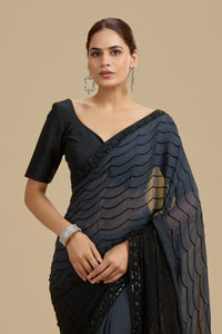Black and Grey Shaded Georgette Saree with Unstitched Blouse