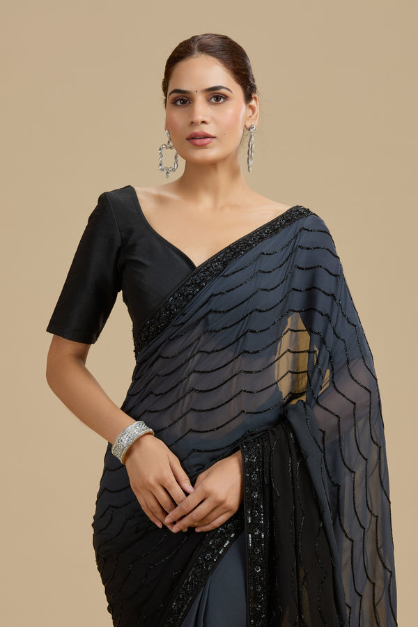 Black and Grey Shaded Georgette Saree with Unstitched Blouse