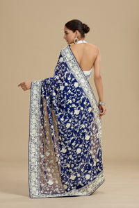 Navy Blue Threadwork Georgette Saree with Unstitched Blouse