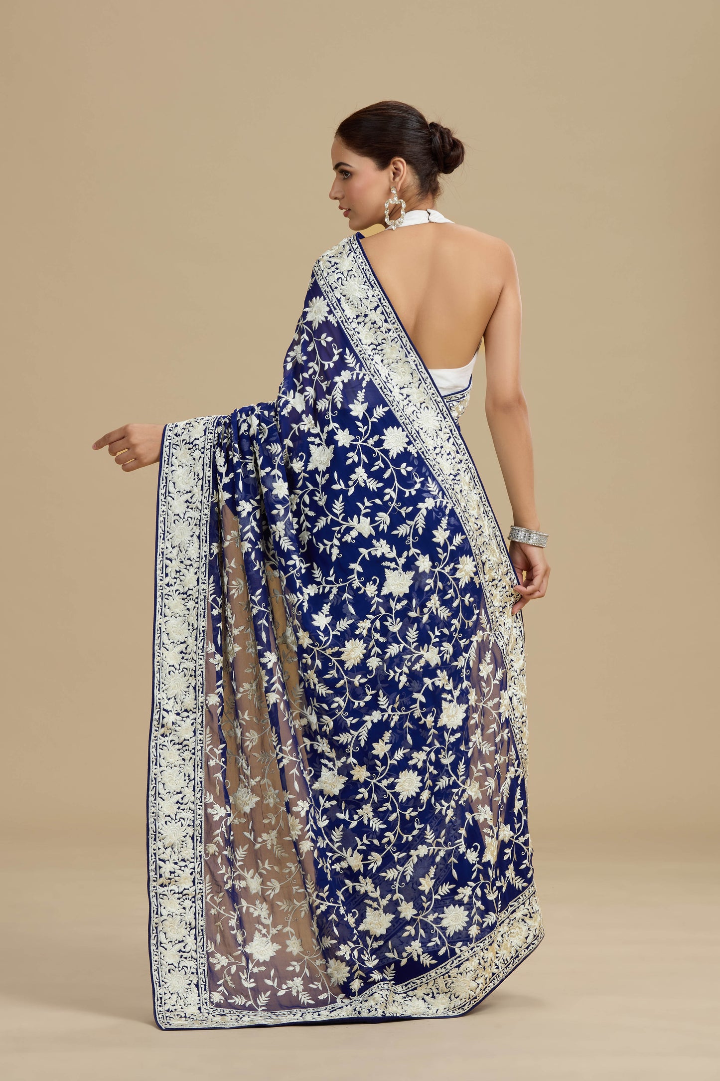 Navy Blue Threadwork Georgette Saree with Unstitched Blouse