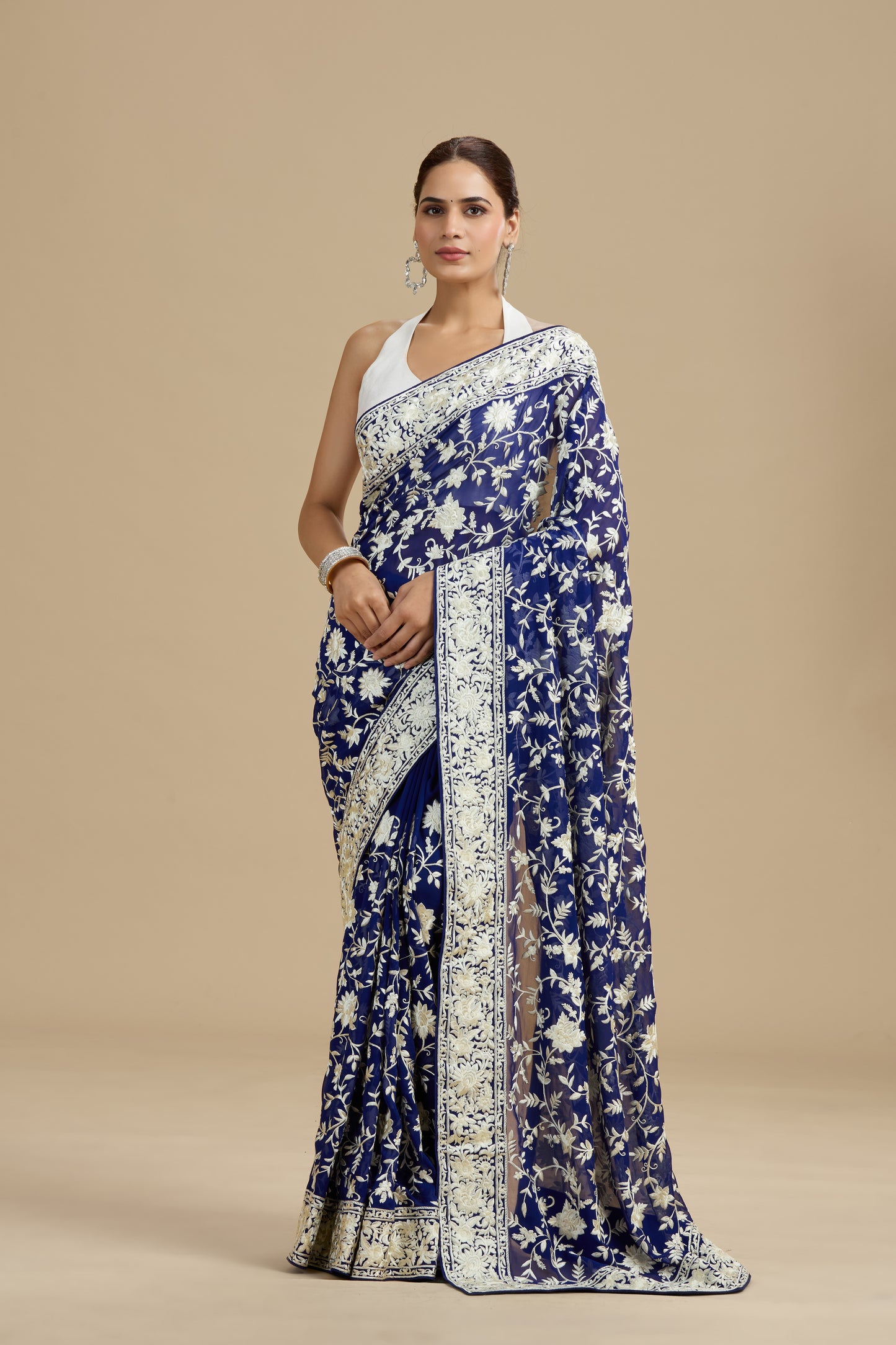 Navy Blue Threadwork Georgette Saree with Unstitched Blouse
