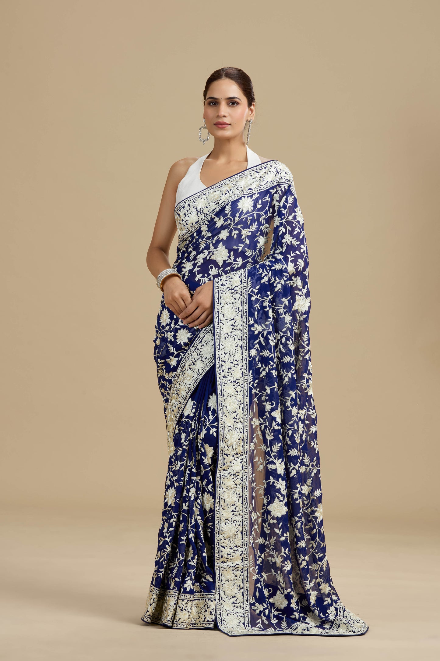 Navy Blue Threadwork Georgette Saree with Unstitched Blouse