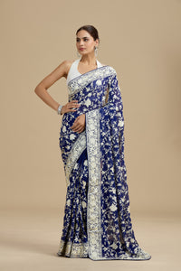 Navy Blue Threadwork Georgette Saree with Unstitched Blouse