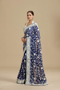 Navy Blue Threadwork Georgette Saree with Unstitched Blouse