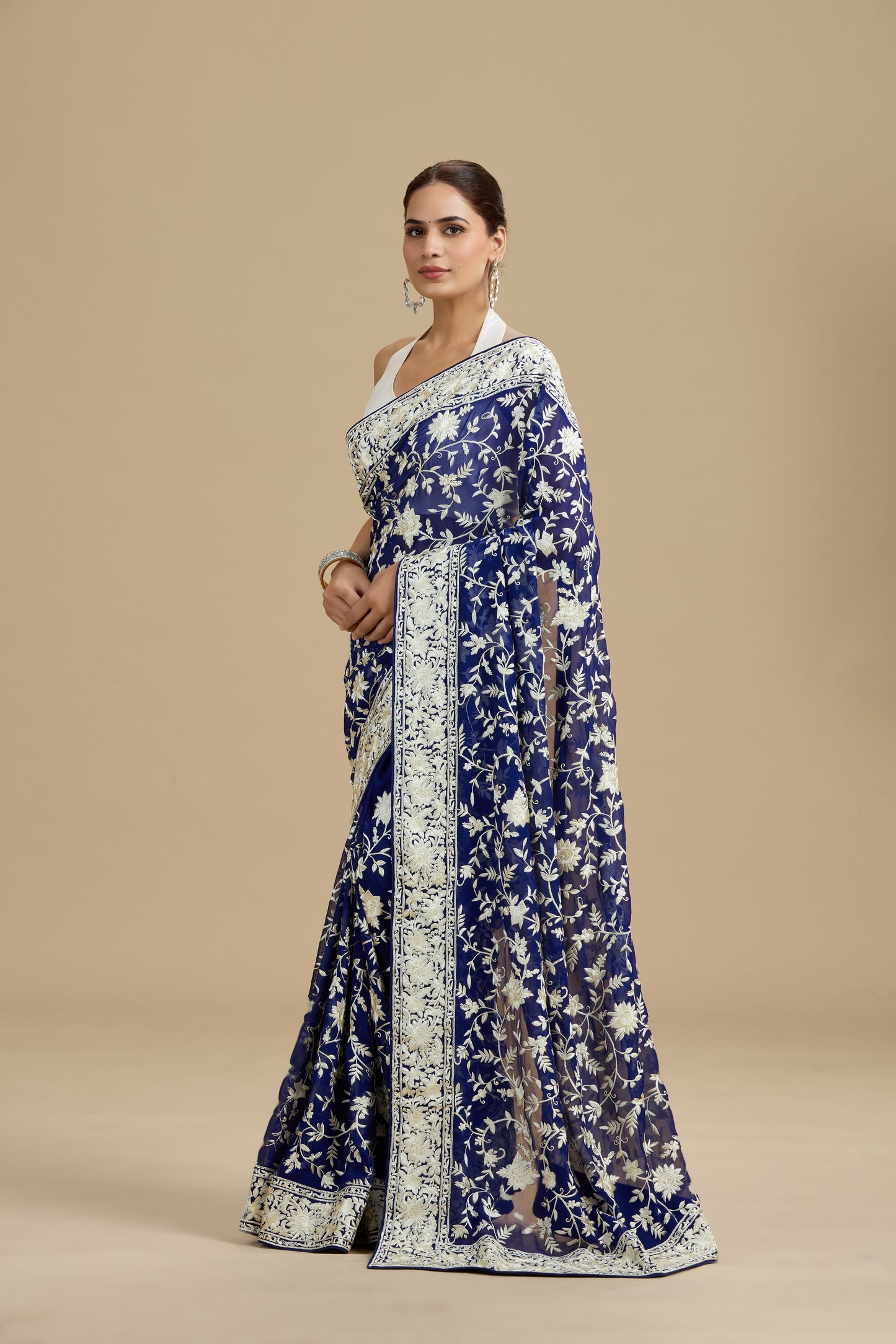 Navy Blue Threadwork Georgette Saree with Unstitched Blouse