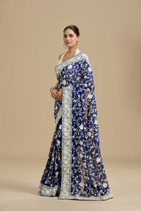 Navy Blue Threadwork Georgette Saree with Unstitched Blouse
