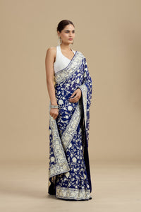Navy Blue Threadwork Georgette Saree with Unstitched Blouse