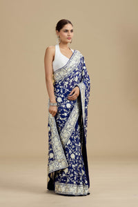 Navy Blue Threadwork Georgette Saree with Unstitched Blouse