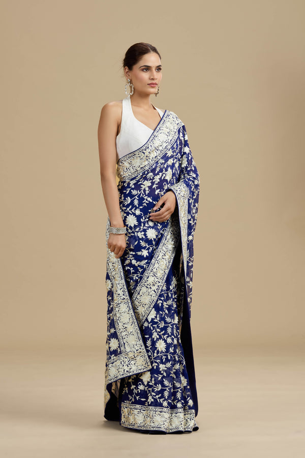 Navy Blue Threadwork Georgette Saree with Unstitched Blouse