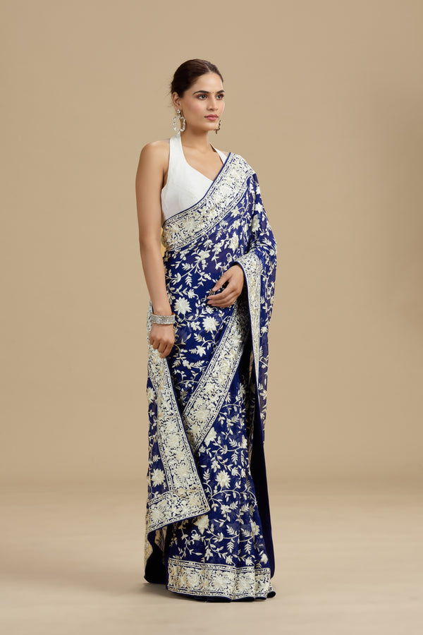 Navy Blue Threadwork Georgette Saree with Unstitched Blouse