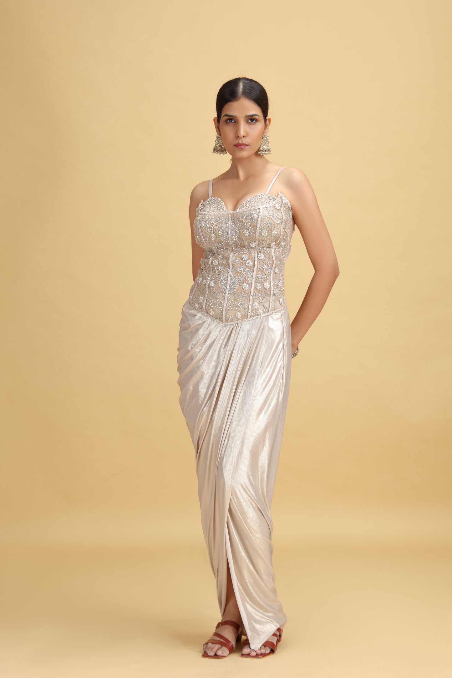 Gold Net Salwar Kameez Set with Kundan, Beads & Pearl Work