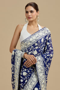 Navy Blue Threadwork Georgette Saree with Unstitched Blouse
