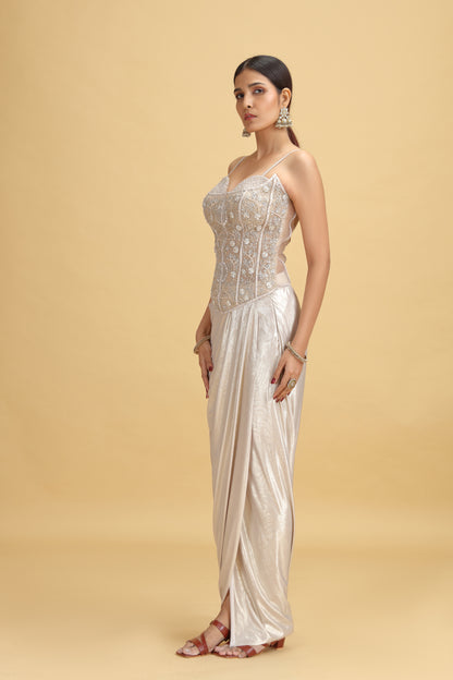 Gold Net Salwar Kameez Set with Kundan, Beads & Pearl Work