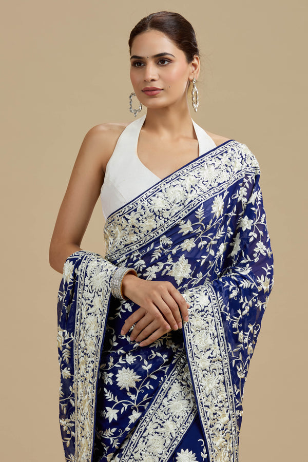 Navy Blue Threadwork Georgette Saree with Unstitched Blouse
