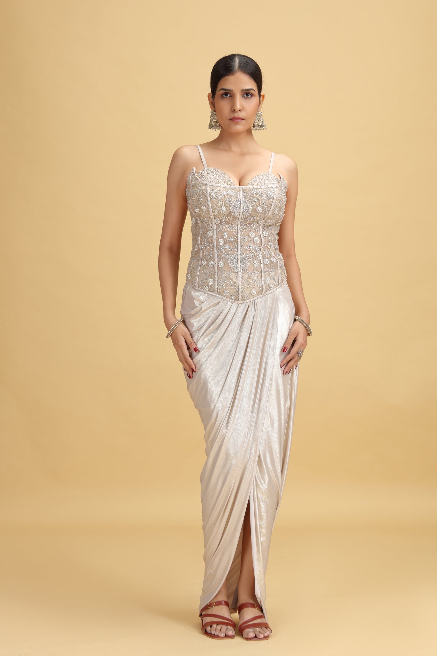 Gold Net Salwar Kameez Set with Kundan, Beads & Pearl Work