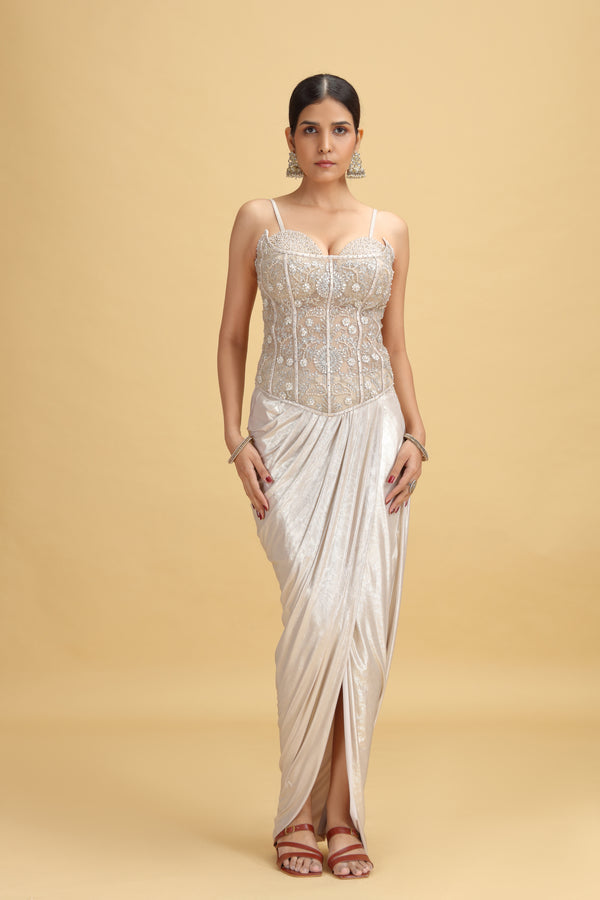 Gold Net Salwar Kameez Set with Kundan, Beads & Pearl Work