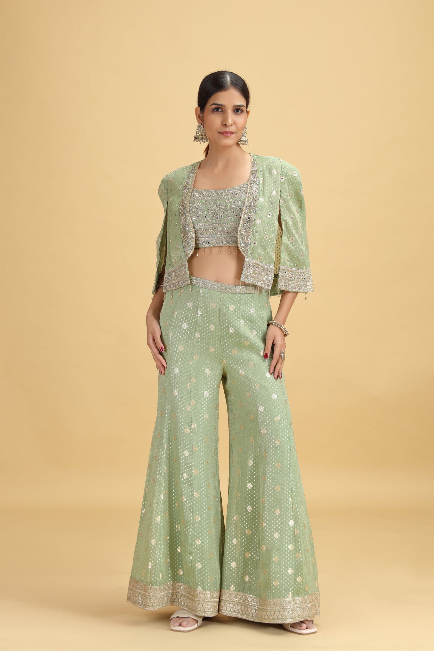 Green Banarasi Silk Suit Set with Mirror, Stone & Zari Work