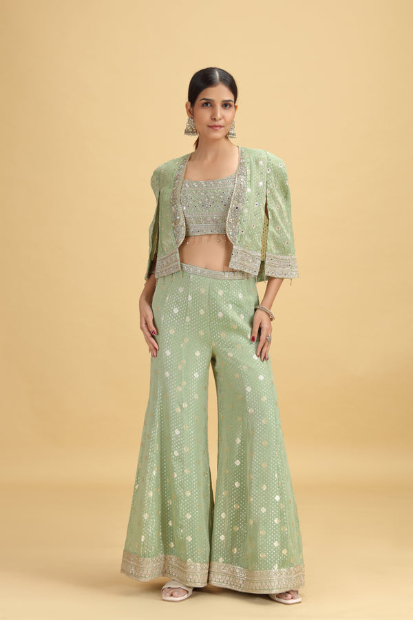 Green Banarasi Silk Suit Set with Mirror, Stone & Zari Work