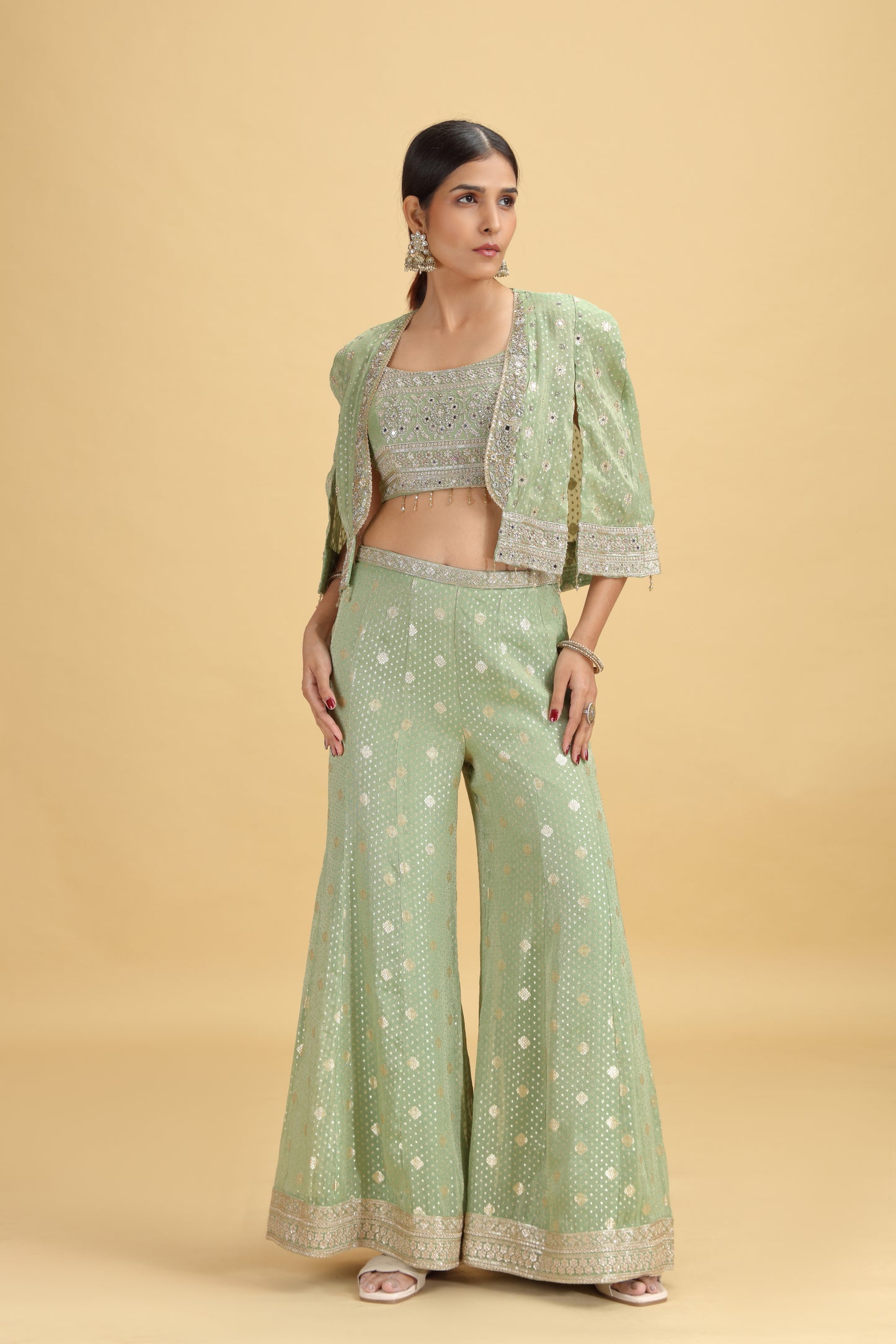 Green Banarasi Silk Suit Set with Mirror, Stone & Zari Work