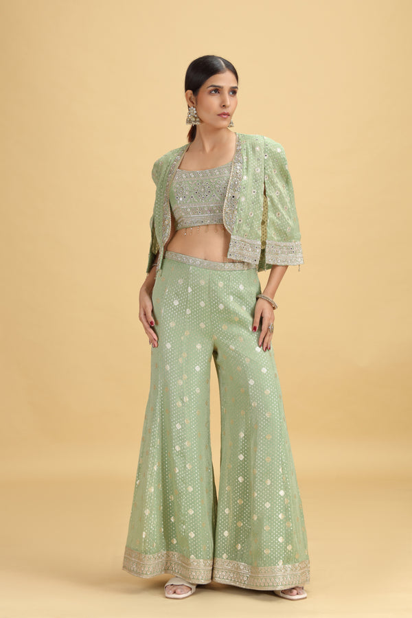Green Banarasi Silk Suit Set with Mirror, Stone & Zari Work