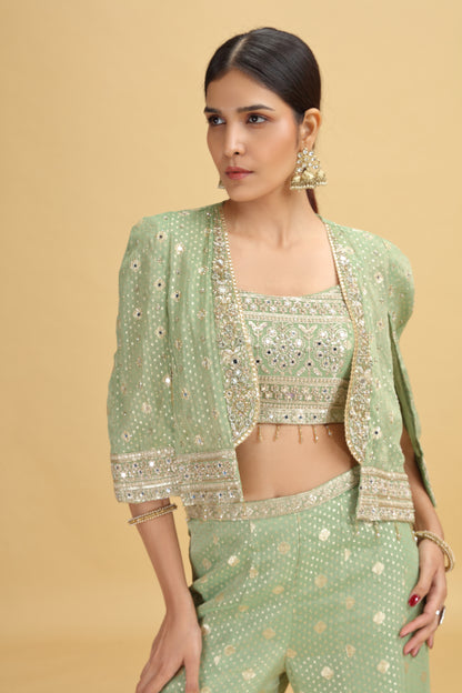 Green Banarasi Silk Suit Set with Mirror, Stone & Zari Work
