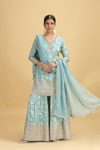 Woman wearing a light blue Banarasi Silk Suit with a matching dupatta on a beige background