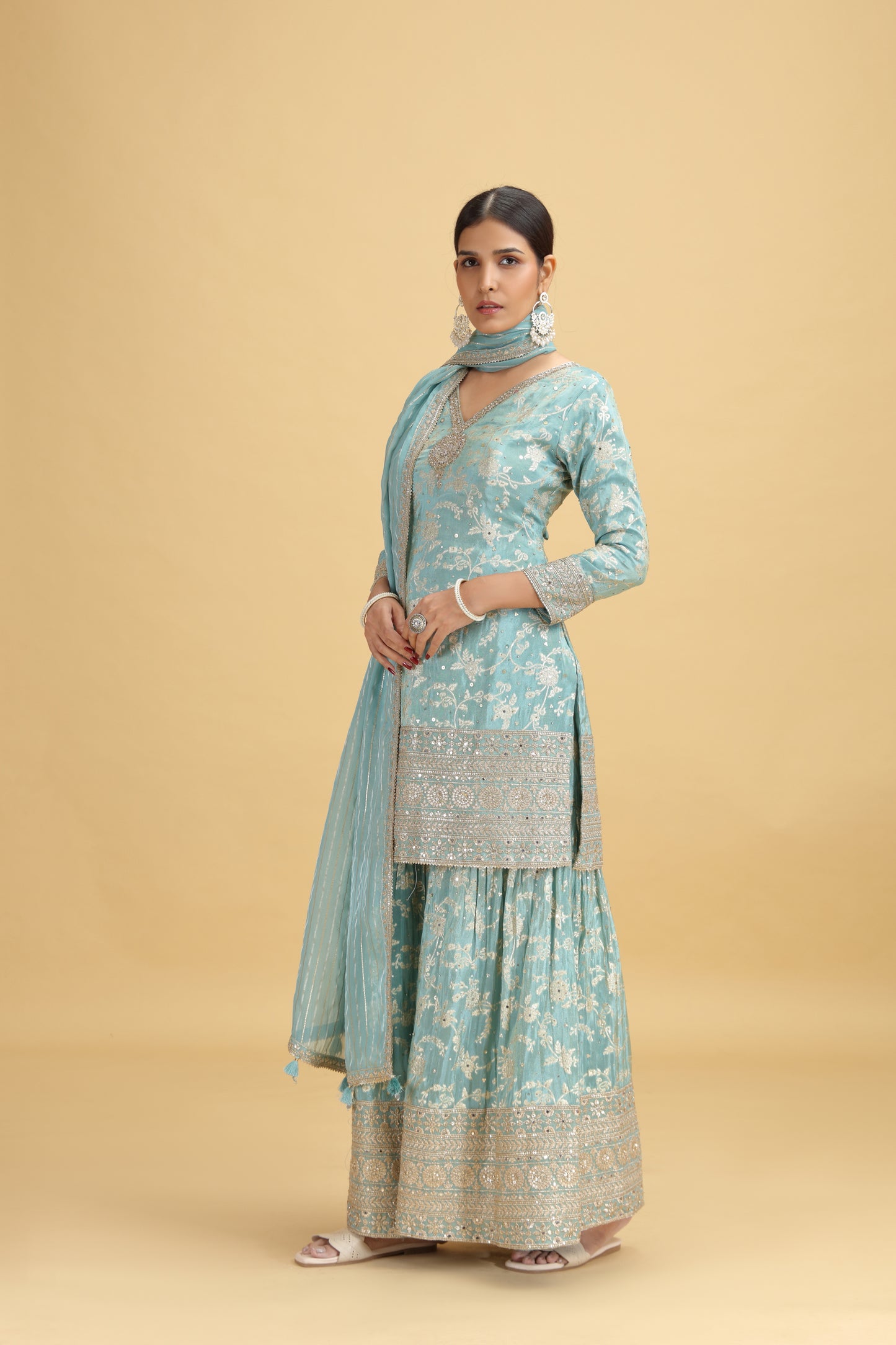 Blue Banarasi Silk Suit Set with Mirror, Sequins & Zari Work