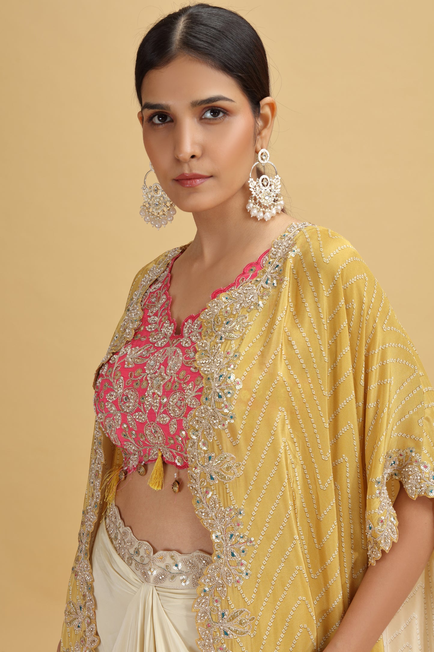 Pink Crepe Suit Set with Mustard Yellow Dupatta & Heavy Hand Work