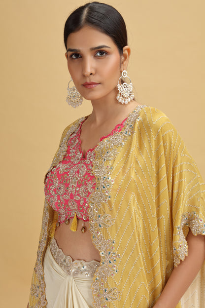 Pink Crepe Suit Set with Mustard Yellow Dupatta & Heavy Hand Work