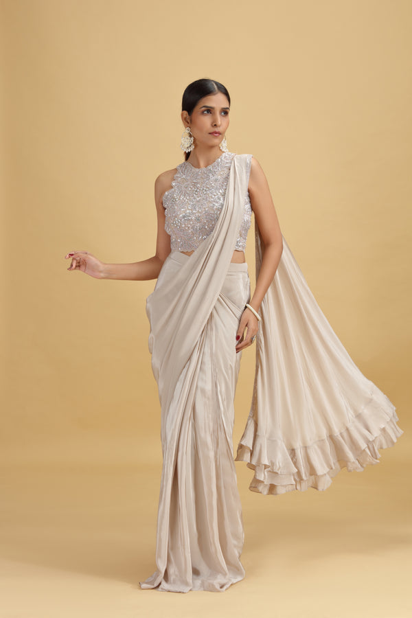 Beige Crepe Saree with Net Blouse & Heavy Moti-Sequins Work