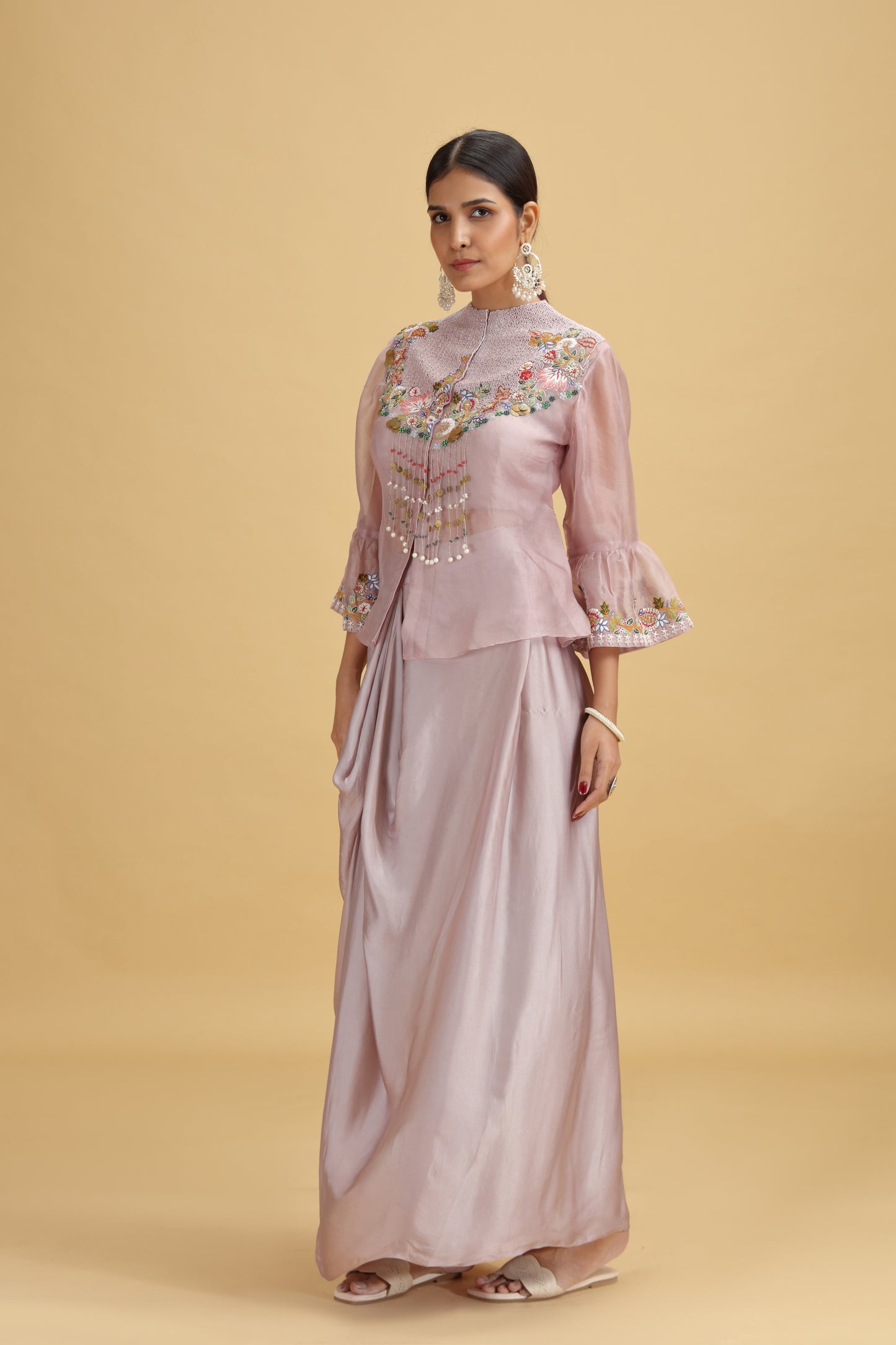 Lilac Satin Silk Suit Set with Organza Dupatta & Dori Work