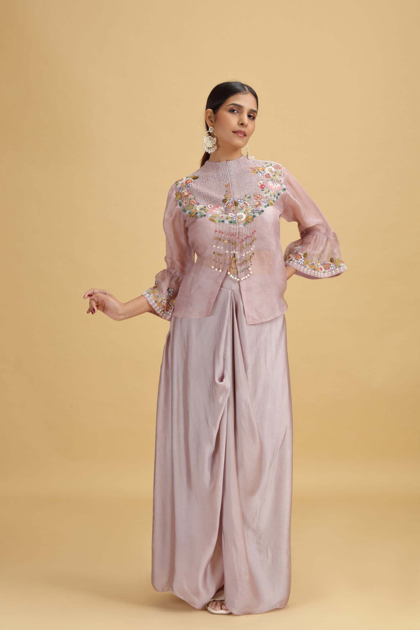 Lilac Satin Silk Suit Set with Organza Dupatta & Dori Work