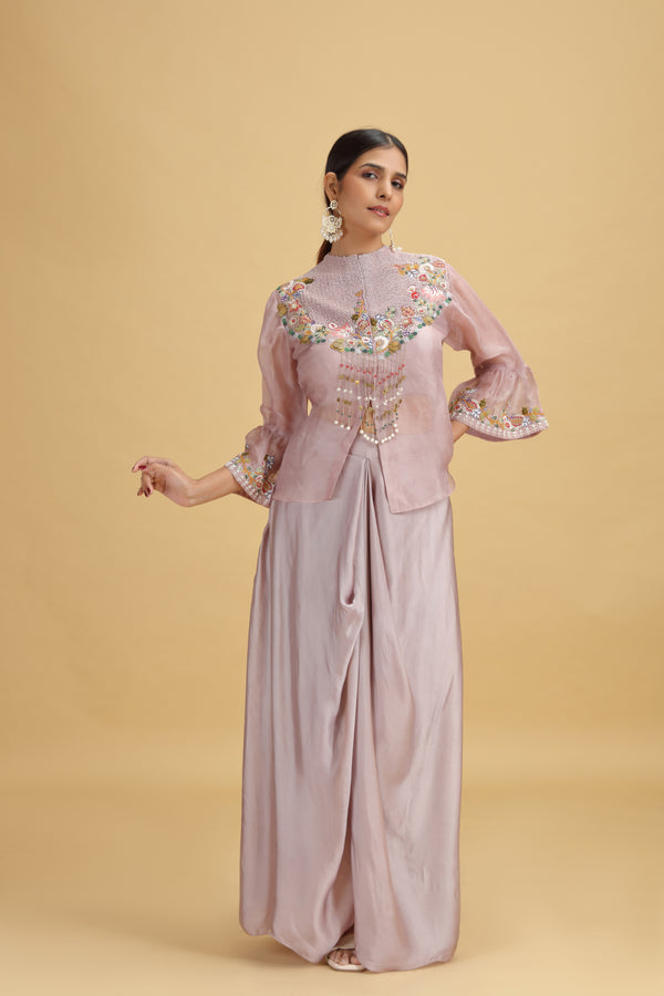 Lilac Satin Silk Suit Set with Organza Dupatta & Dori Work