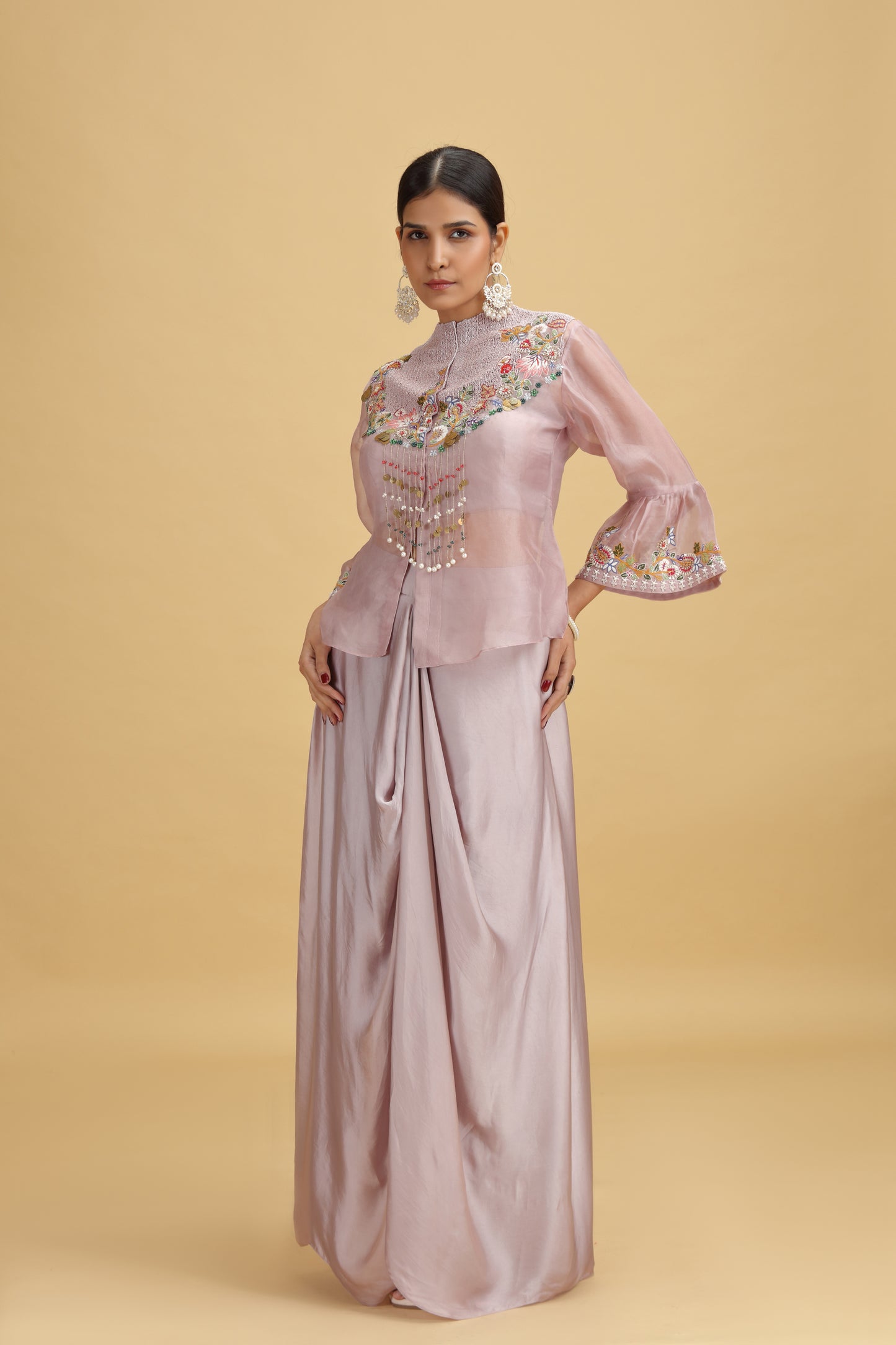 Lilac Satin Silk Suit Set with Organza Dupatta & Dori Work