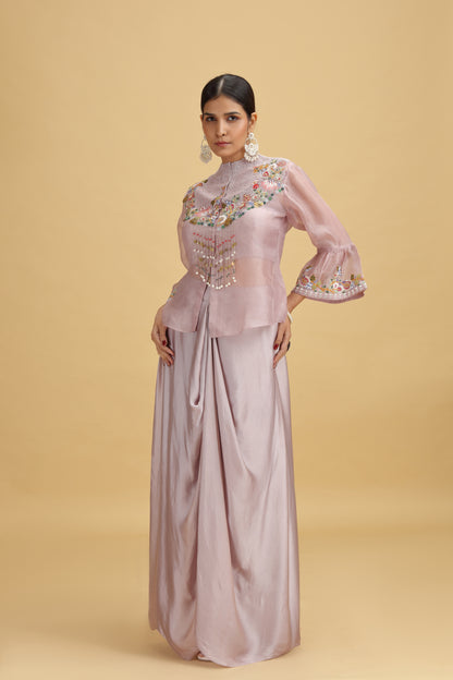 Lilac Satin Silk Suit Set with Organza Dupatta & Dori Work