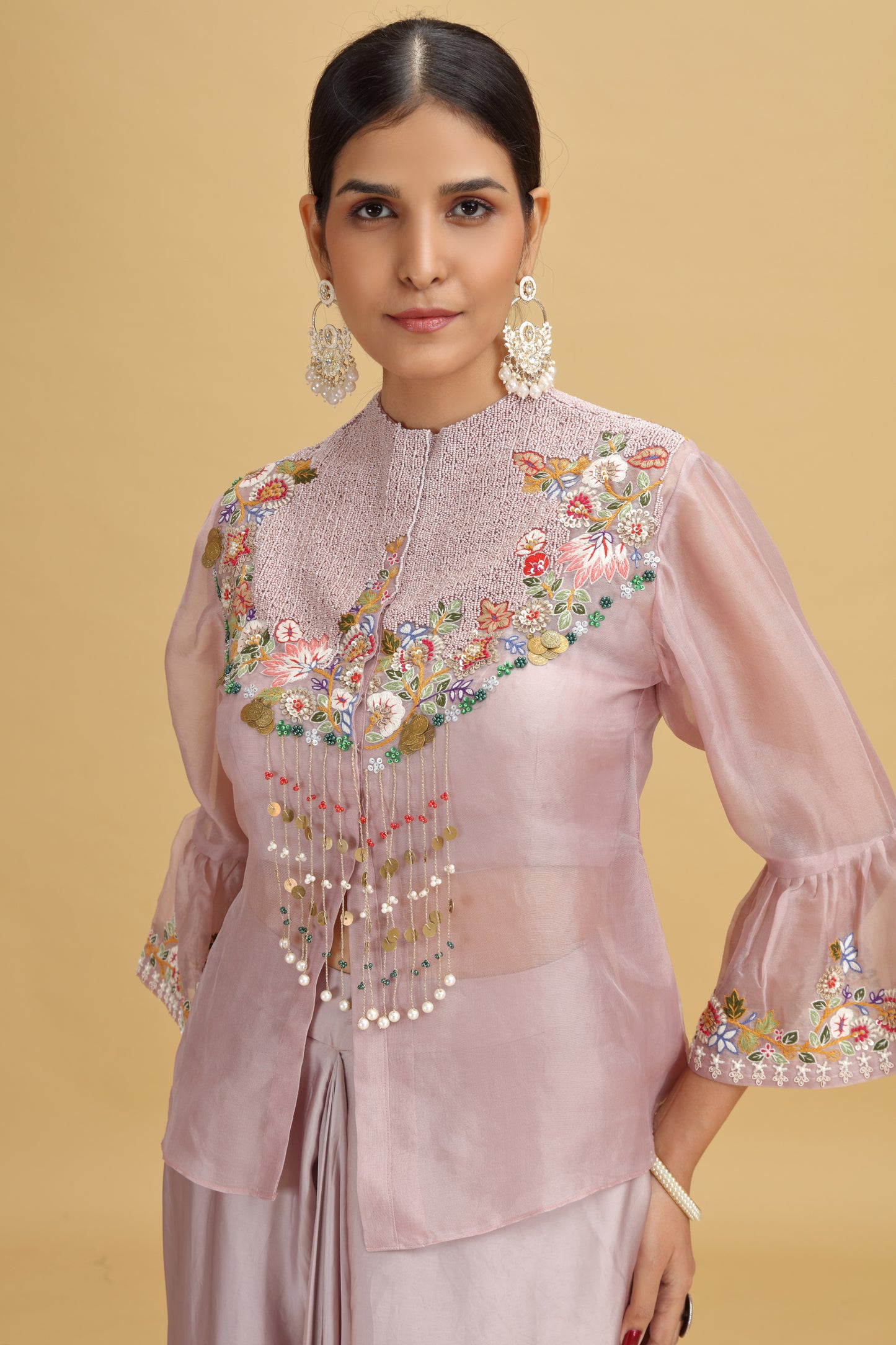 Lilac Satin Silk Suit Set with Organza Dupatta & Dori Work