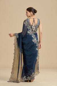 Navy Blue Embellished Organza Saree with Unstitched Blouse