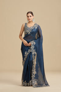 Navy Blue Embellished Organza Saree with Unstitched Blouse