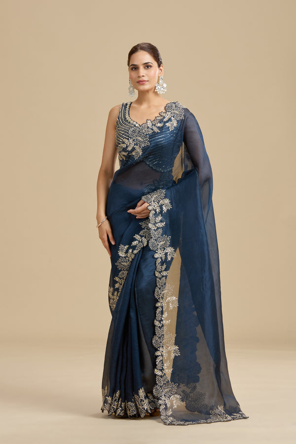 Navy Blue Embellished Organza Saree with Unstitched Blouse