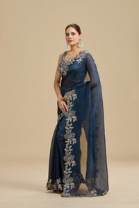 Navy Blue Embellished Organza Saree with Unstitched Blouse