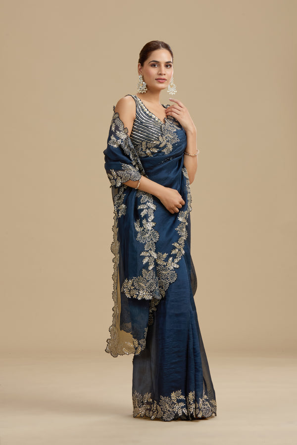 Navy Blue Embellished Organza Saree with Unstitched Blouse