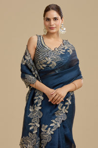 Navy Blue Embellished Organza Saree with Unstitched Blouse