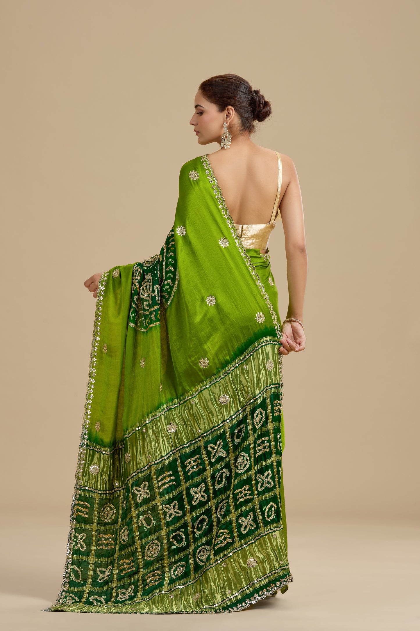 Green Bandhej Gajji Silk Saree with Unstitched Blouse