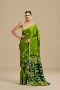 Green Bandhej Gajji Silk Saree with Unstitched Blouse