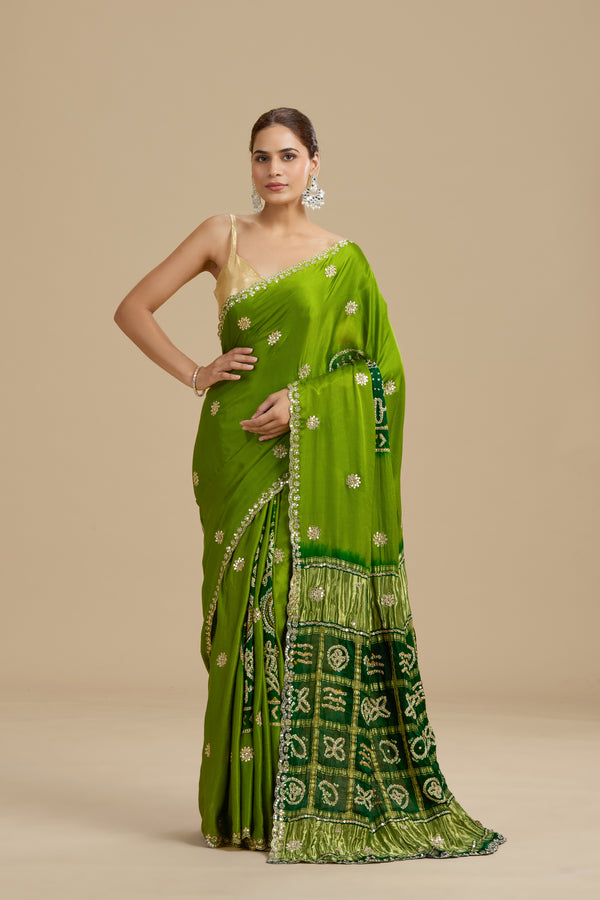 Green Bandhej Gajji Silk Saree with Unstitched Blouse