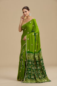 Green Bandhej Gajji Silk Saree with Unstitched Blouse