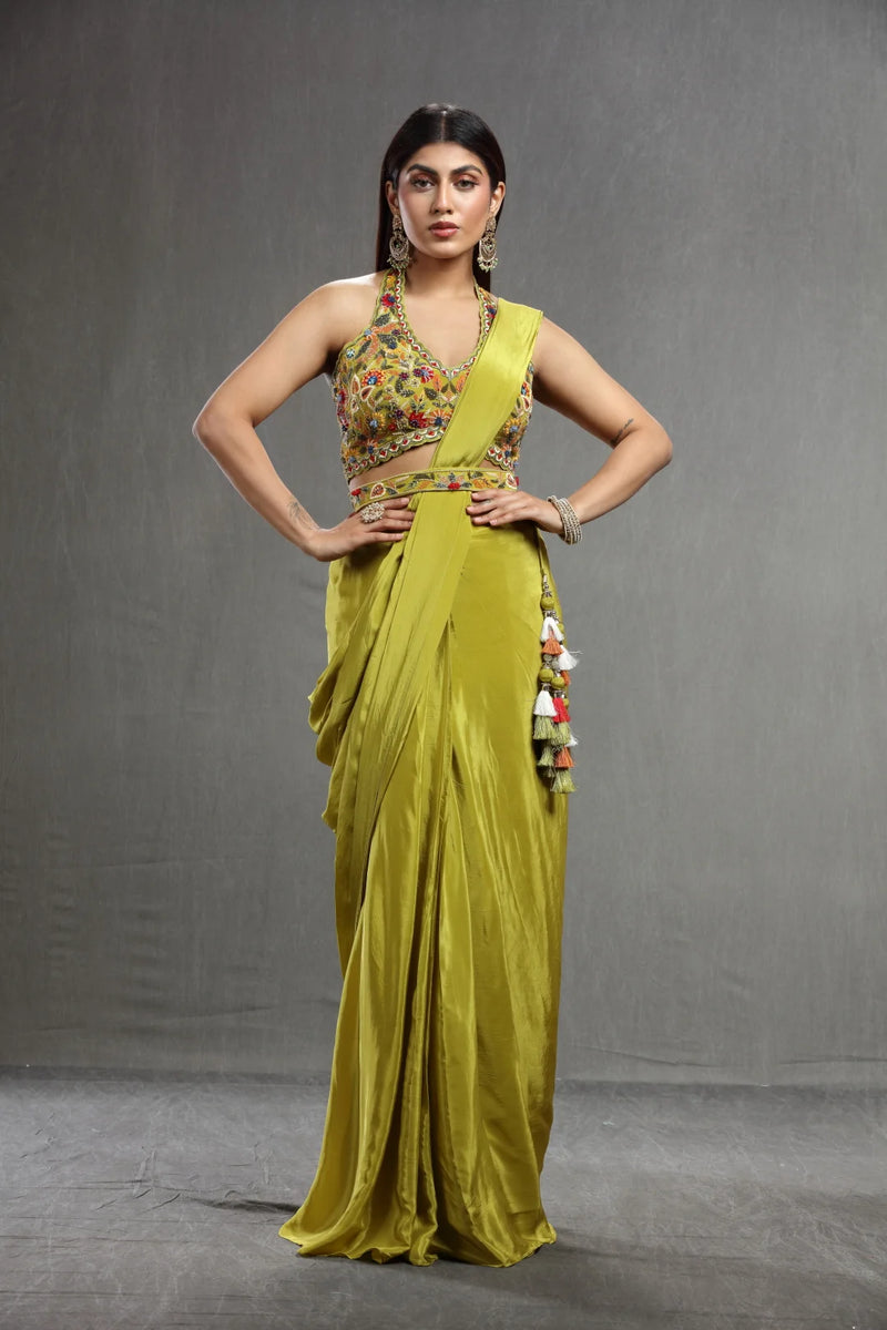 Green Embroidered Crepe Saree with Stitched Blouse