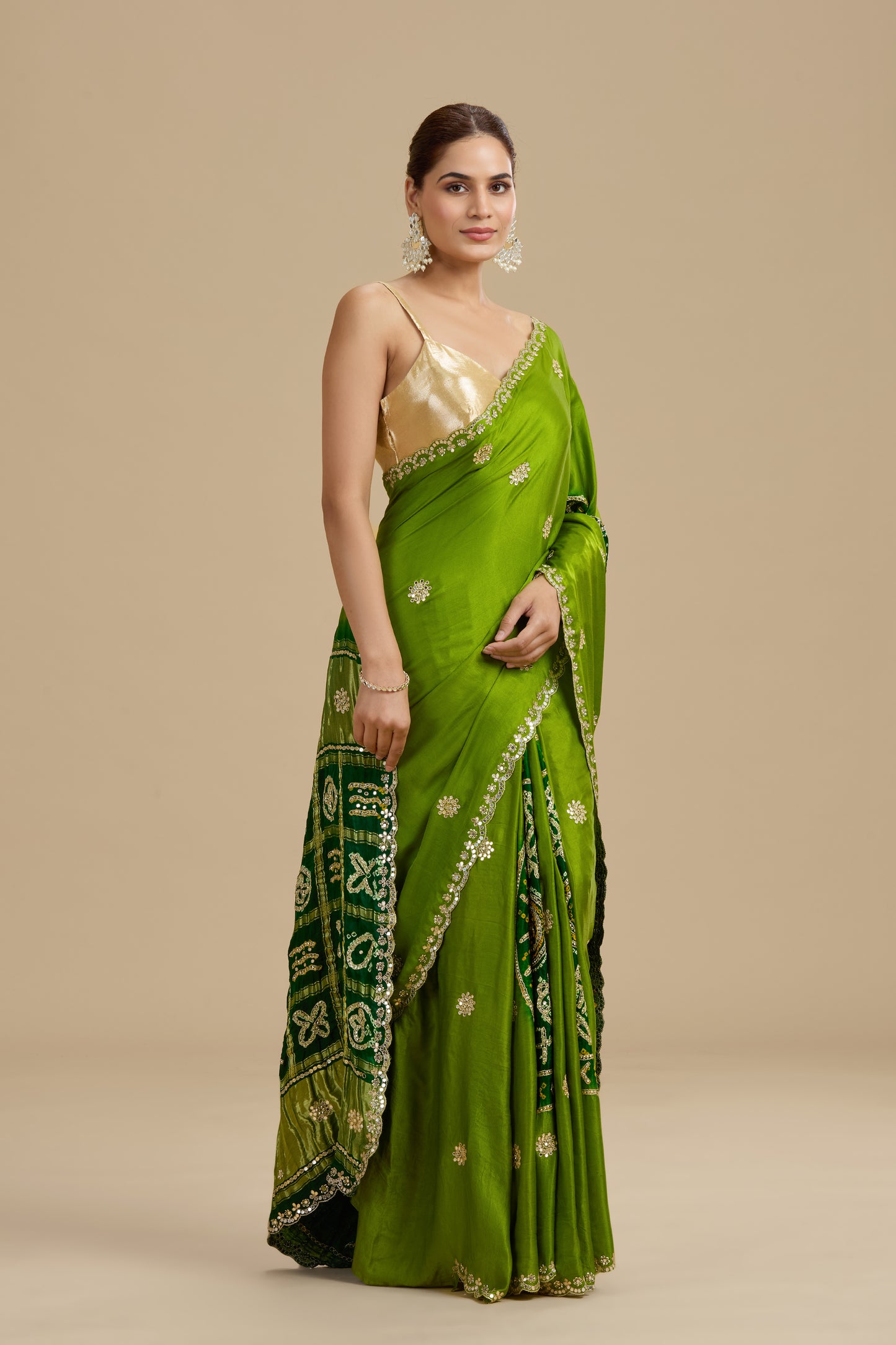 Green Bandhej Gajji Silk Saree with Unstitched Blouse